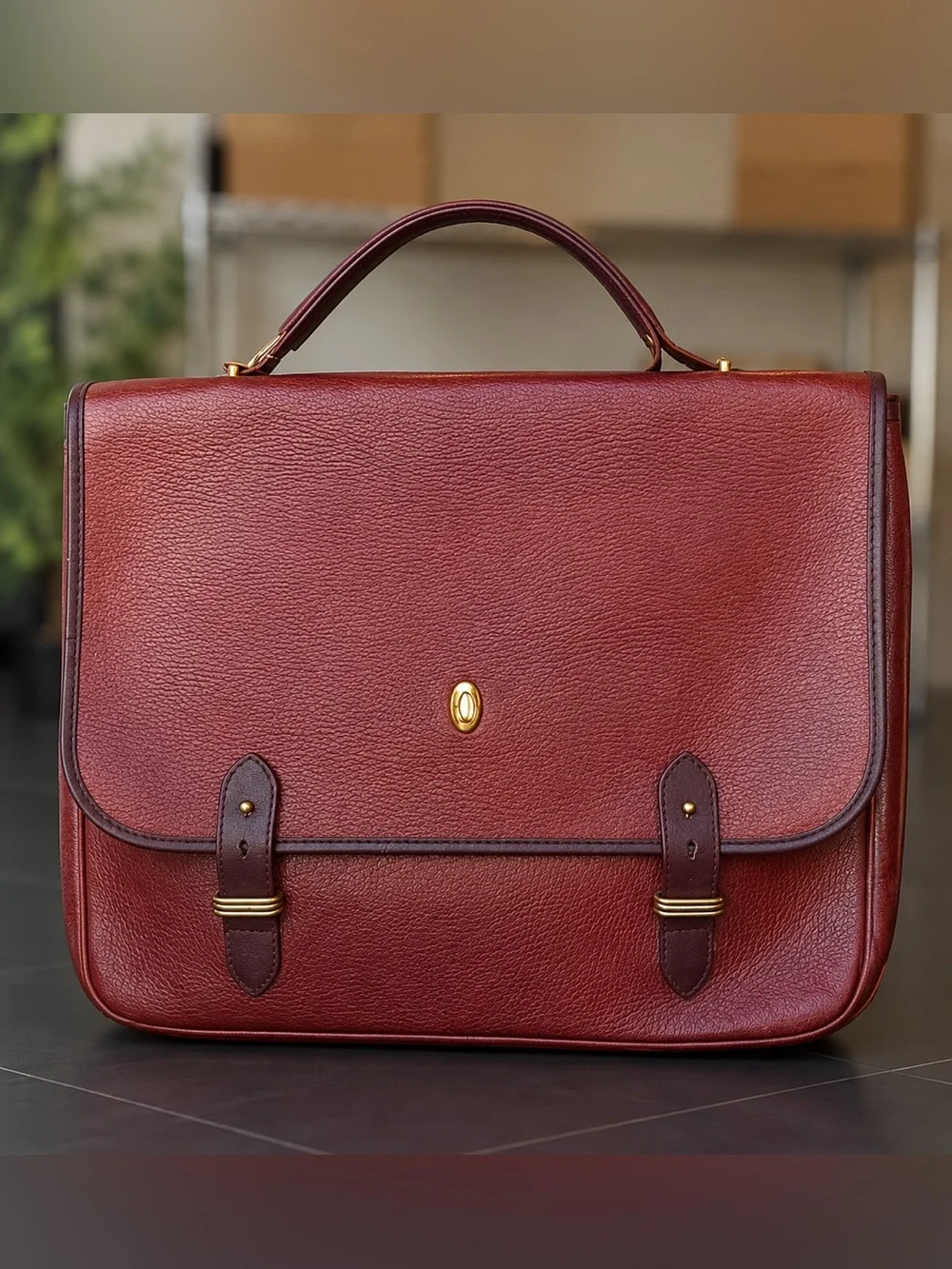 Cartier Burgundy Leather Laptop Briefcase with Gold Hardware